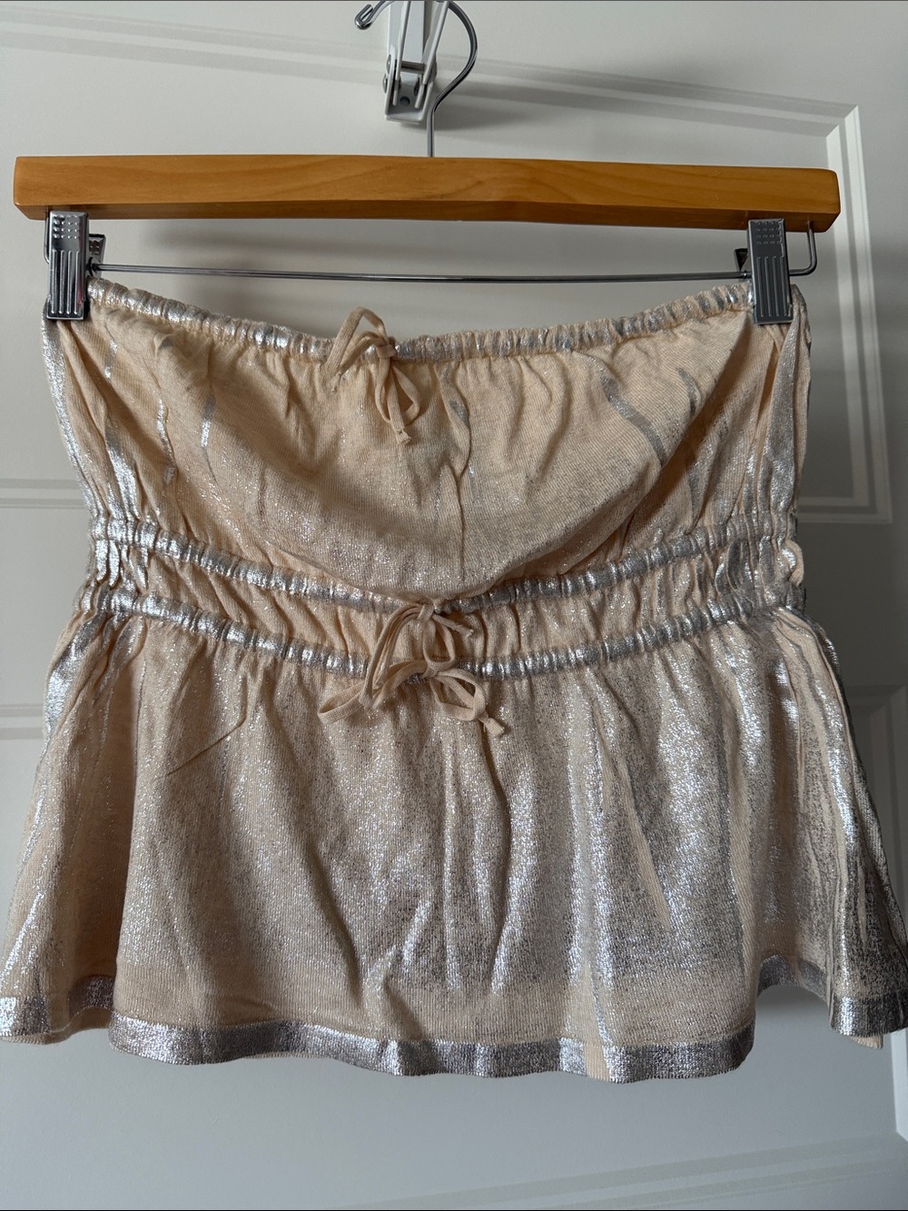 Anthropologie Metallic Strapless Shirred Babydoll Top